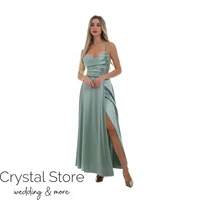 Kép 1/3 -  Corset fűzős hátú, A-vonalú sliccelt fényes maxiruha, light menta