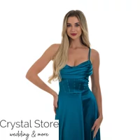 Kép 2/3 - Corset fűzős hátú, A-vonalú sliccelt fényes maxiruha, törökkék