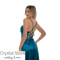 Kép 3/3 - Corset fűzős hátú, A-vonalú sliccelt fényes maxiruha, törökkék