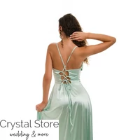 Kép 3/3 - Corset fűzős hátú, A-vonalú sliccelt fényes maxiruha, menta