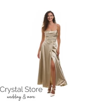 Kép 1/2 - Corset fűzős hátú, A-vonalú sliccelt fényes maxiruha, champage