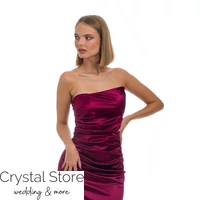 Kép 2/3 - Merevített, pánt nélküli szatén maxiruha, bordó