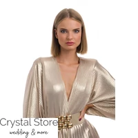 Kép 2/3 - Pliszírozott, denevérujjas maxiruha, light gold