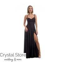 Kép 1/3 - Mellben redőzött, sliccelt fényes szatén maxiruha, sötétbarna