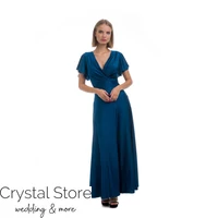 Kép 1/3 - Ujjas vékony szatén maxiruha, petrolkék