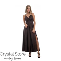 Kép 1/3 - Keresztpántos köves szatén maxiruha, sötétbarna