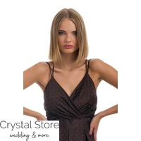 Kép 2/3 - Keresztpántos köves szatén maxiruha, sötétbarna