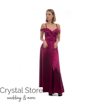 Kép 1/3 - V-kivágott, ejtett vállú, A vonalú szatén maxiruha, bordó