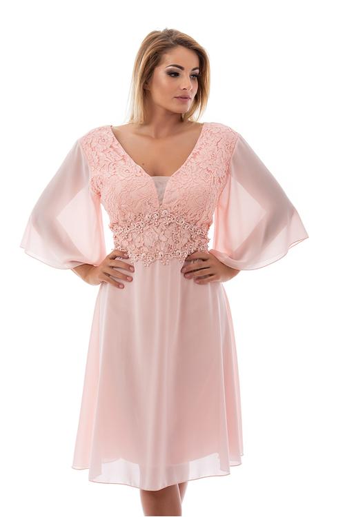 Muszlin ujjú, csipkés koktélruha, plus size, púderrózsaszín