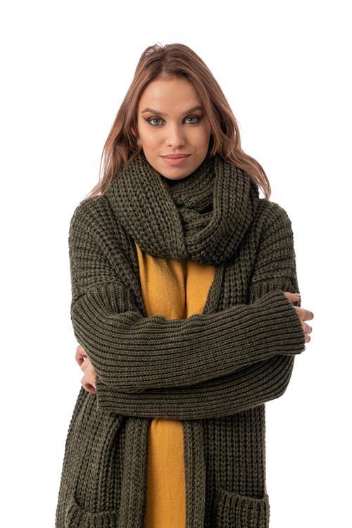 Oversize kötött kabátkardigán körsállal, khaki