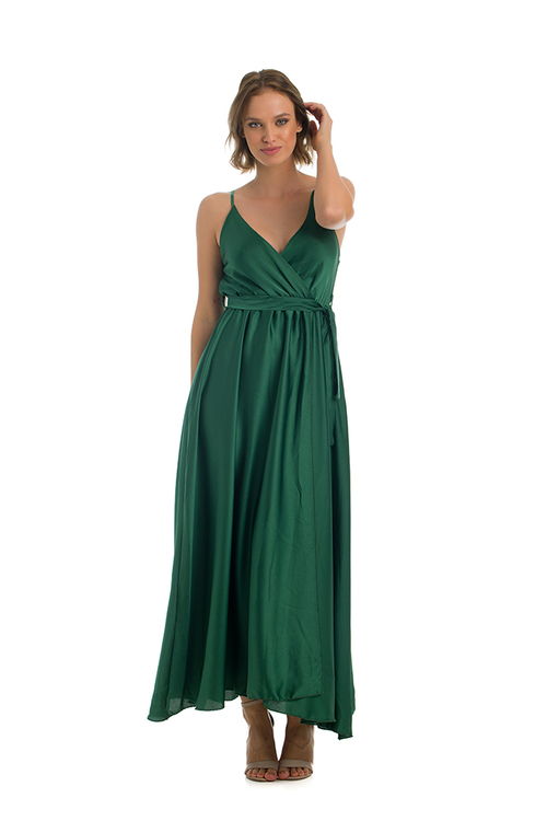Spagetti pántos szatén ruha, zöld