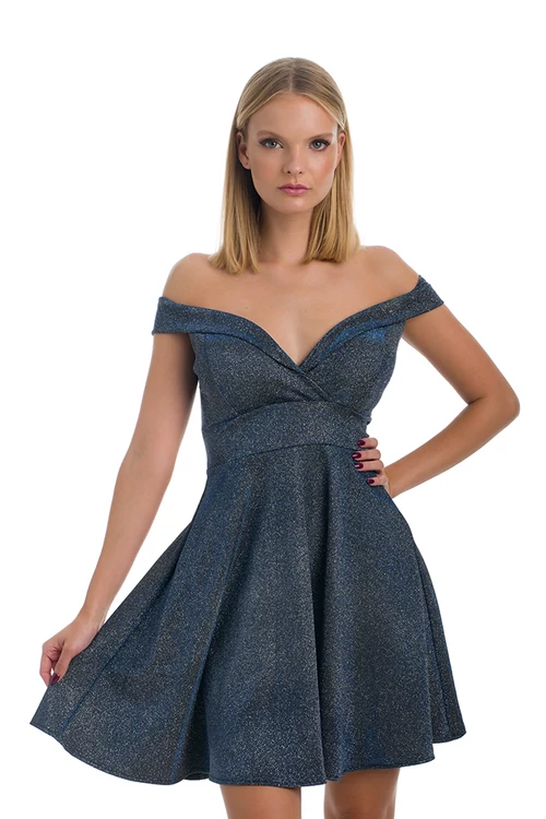Sparkle ejtett vállú, A-vonalú koktélruha, acélkék