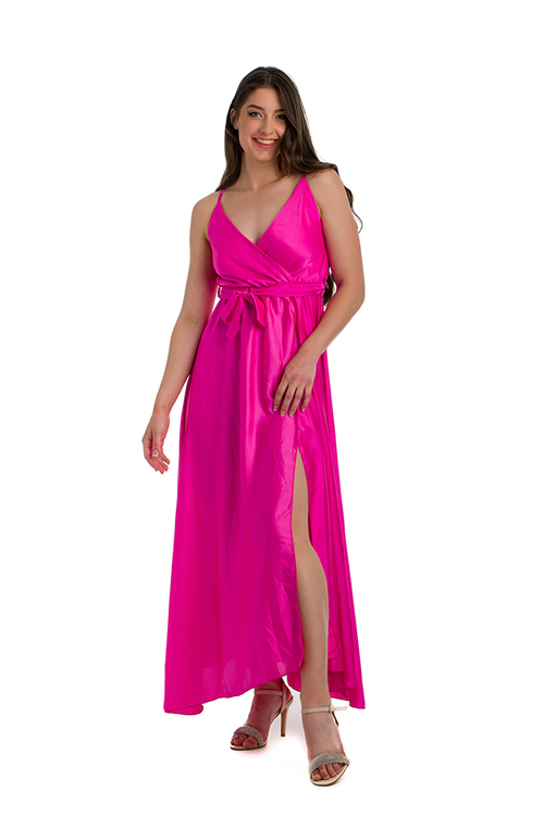 Spagetti pántos szatén ruha, neon pink