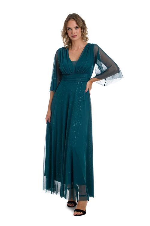 Csillámos hosszabb ujjas tüll maxiruha, plus size, pávakék