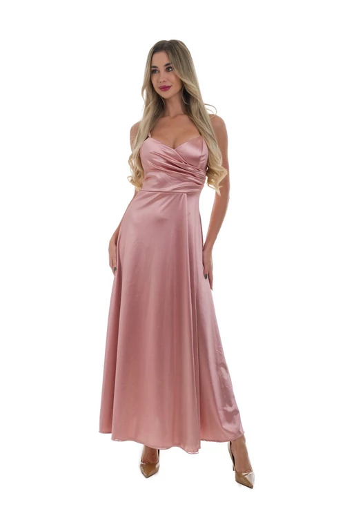 Mellben redőzött, sliccelt fényes szatén maxiruha, rosegold