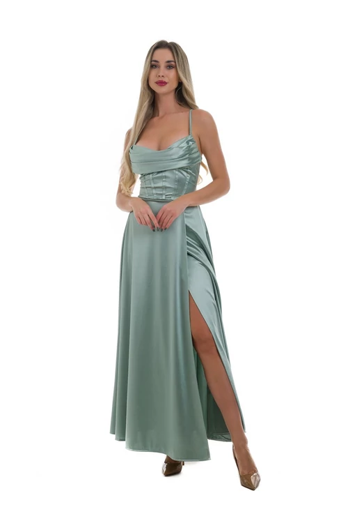  Corset fűzős hátú, A-vonalú sliccelt fényes maxiruha, light menta