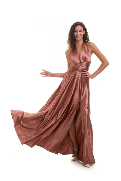 A-vonalú, sliccelt szatén estélyi ruha, dark rosegold