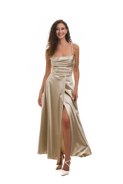Corset fűzős hátú, A-vonalú sliccelt fényes maxiruha, champage