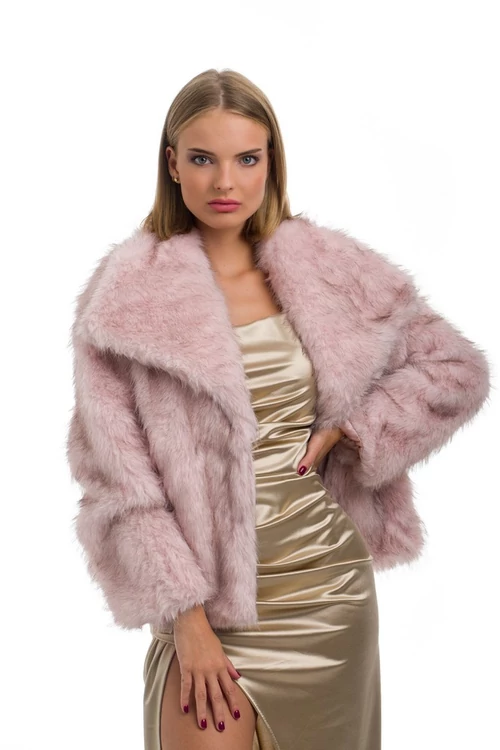 Galléros szőrme kabát, rózsaszín