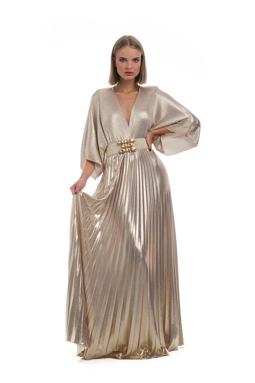 Pliszírozott, denevérujjas maxiruha, light gold