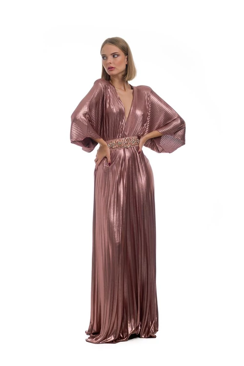 Pliszírozott, denevérujjas maxiruha, rosegold