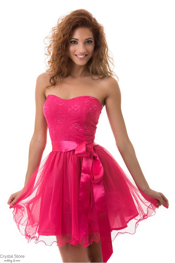 Tüllös szatén szalagos koktélruha pink