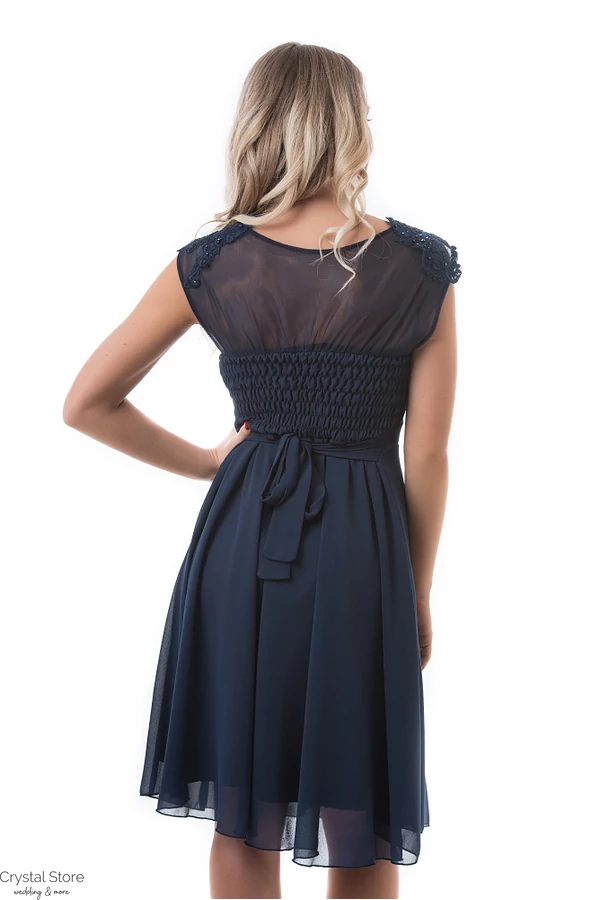Ujjas, hímzett, kristályos koktélruha, plus size sötétkék