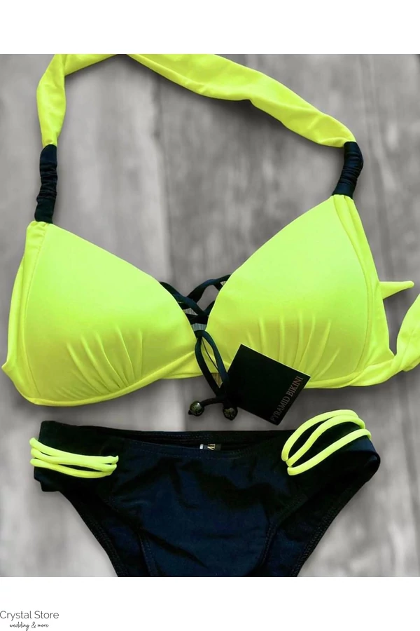 Pyramid kiszélesített pántos push-up háromszög bikini, neon sárga-fekete, C-D kosár