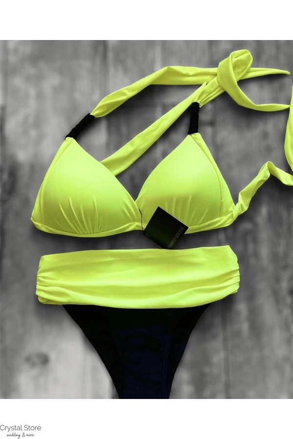 Pyramid kiszélesített push-up háromszög bikini, neon sárga-fekete, C-D kosár