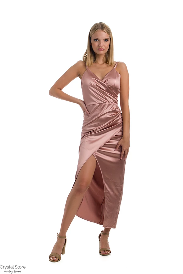 Átlapolt sliccelt fényes koktélruha, rosegold
