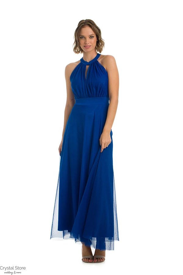 Nyakban záródó, dekoltált tüll maxiruha, plus size, királykék