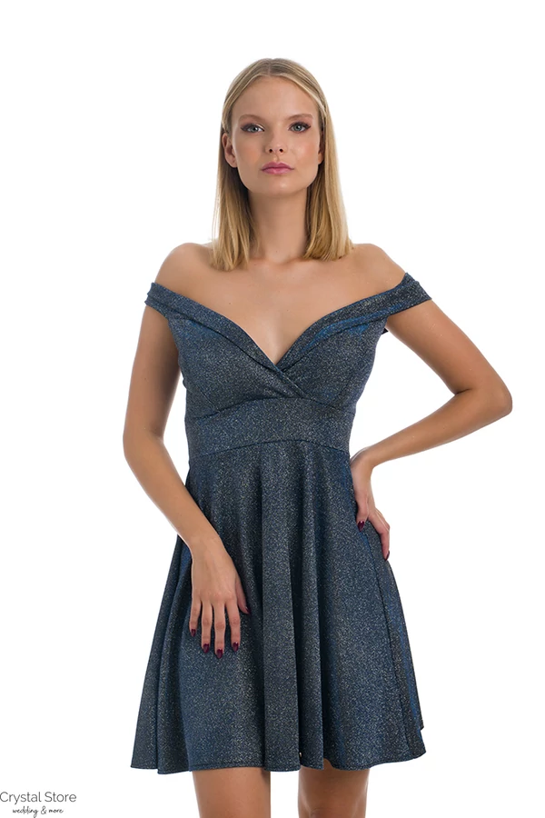 Sparkle ejtett vállú, A-vonalú koktélruha, acélkék