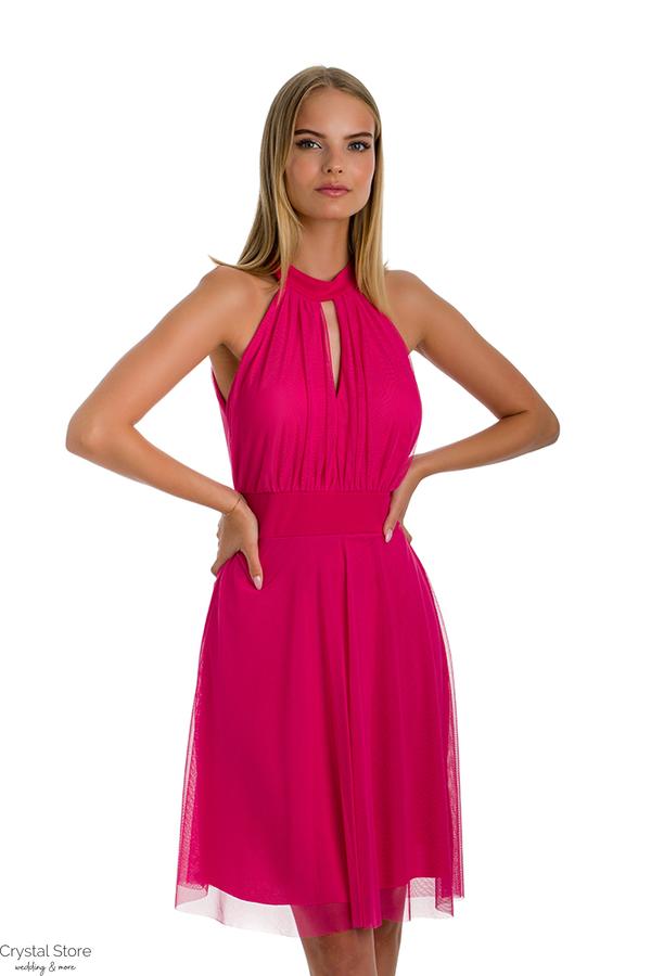 Nyakban záródó, dekoltált tüll koktélruha, pink