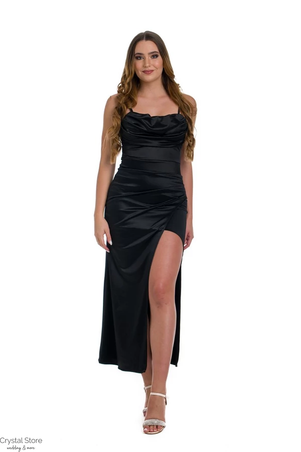 Simple Corset fazonú sliccelt szatén maxiruha,  fekete
