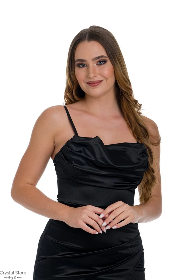 Simple Corset fazonú sliccelt szatén maxiruha, fekete
