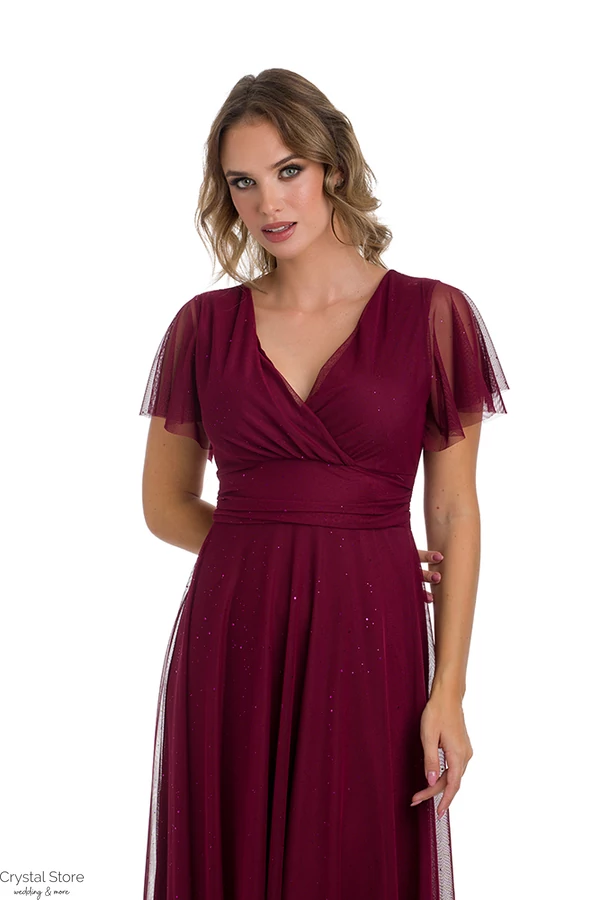 Csillámos ujjas tüll maxiruha, plus size, bordó
