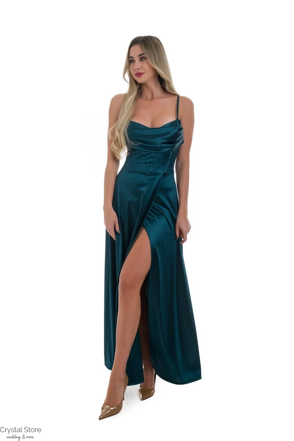Corset fűzős hátú, A-vonalú sliccelt fényes maxiruha, bársonyzöld