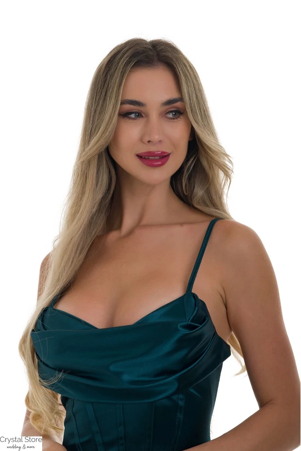 Corset fűzős hátú, A-vonalú sliccelt fényes maxiruha, bársonyzöld