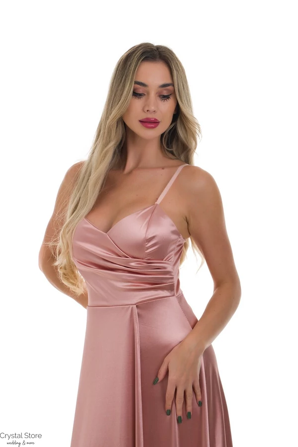 Mellben redőzött, sliccelt fényes szatén maxiruha, rosegold