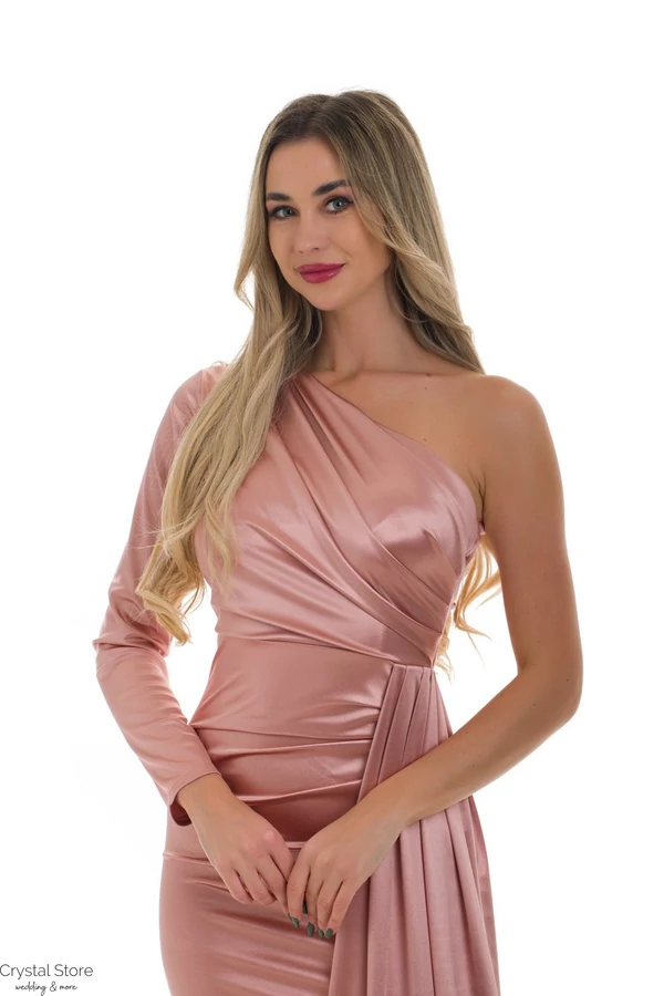 Féloldalas, hosszú ujjas, oldalt rátétes szatén maxiruha, rosegold