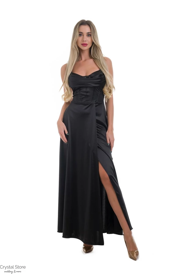 Corset sliccelt fényes maxiruha, fekete