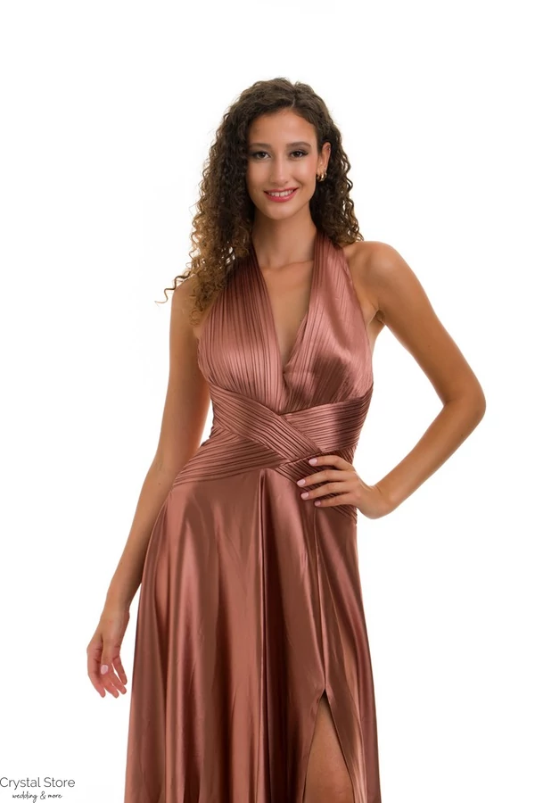 A-vonalú, sliccelt szatén estélyi ruha, dark rosegold