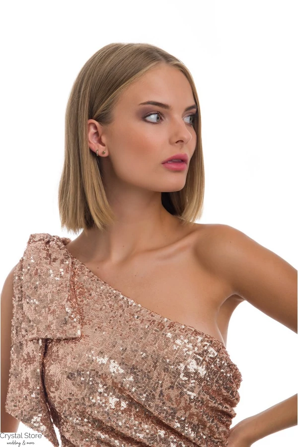 Daisy sellő fazonú masnis vállú, flitteres estélyi ruha, rosegold