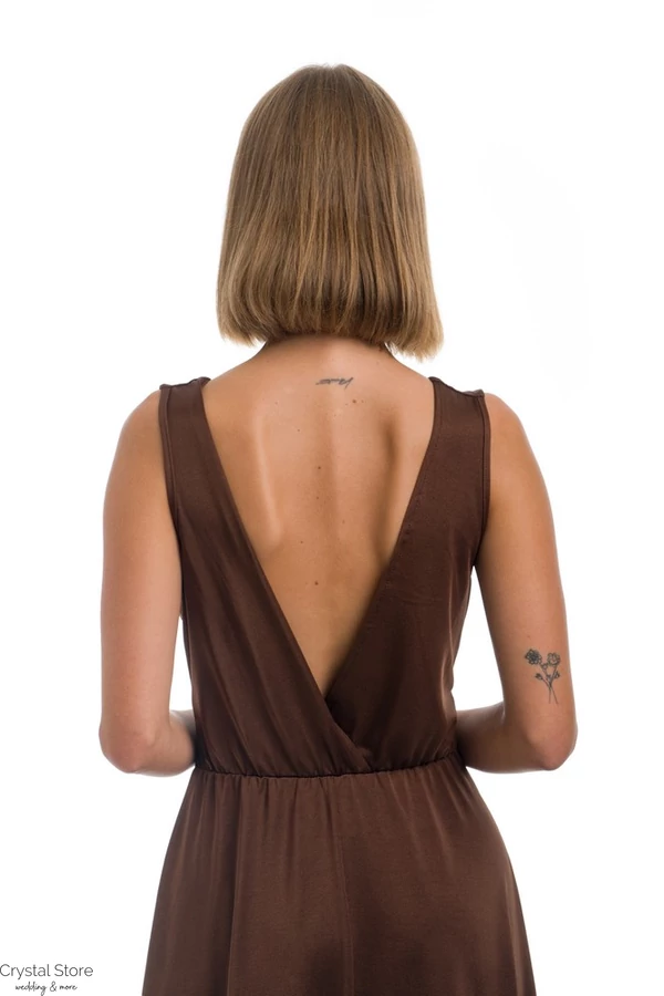 Vastag pántos, A-vonalú, vékony szatén maxiruha, csokibarna