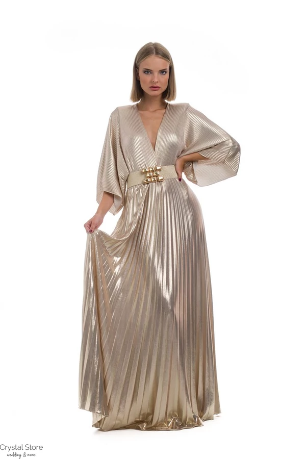 Pliszírozott, denevérujjas maxiruha, light gold