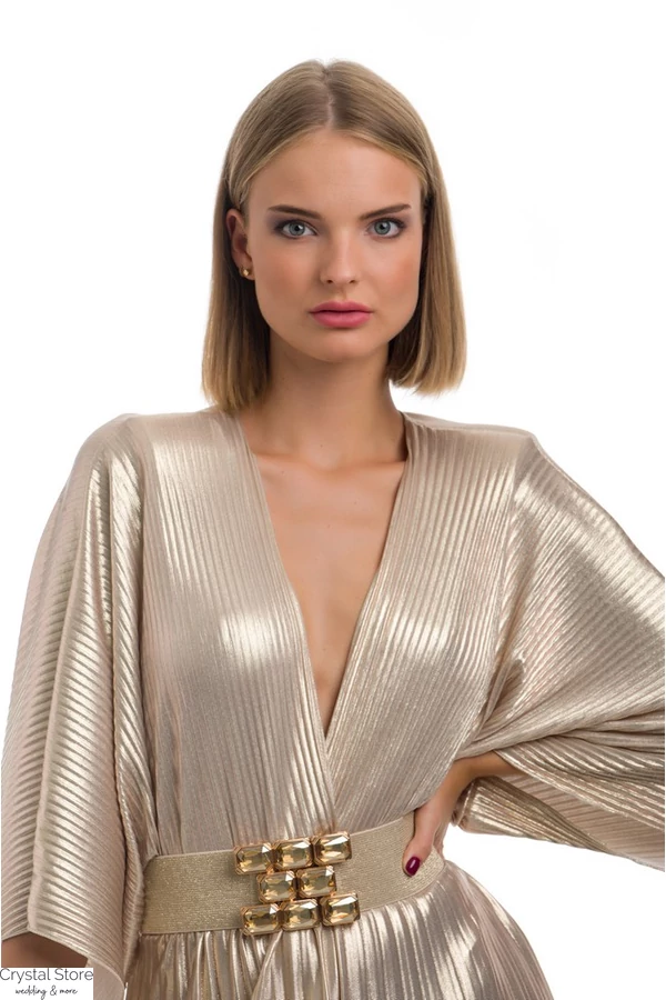 Pliszírozott, denevérujjas maxiruha, light gold