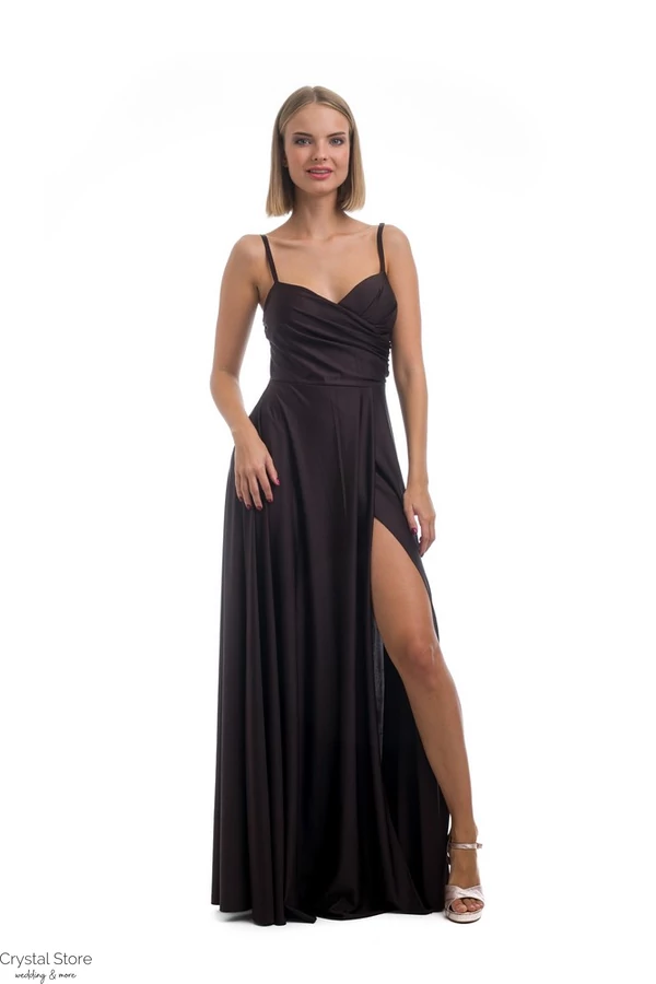 Mellben redőzött, sliccelt fényes szatén maxiruha, sötétbarna