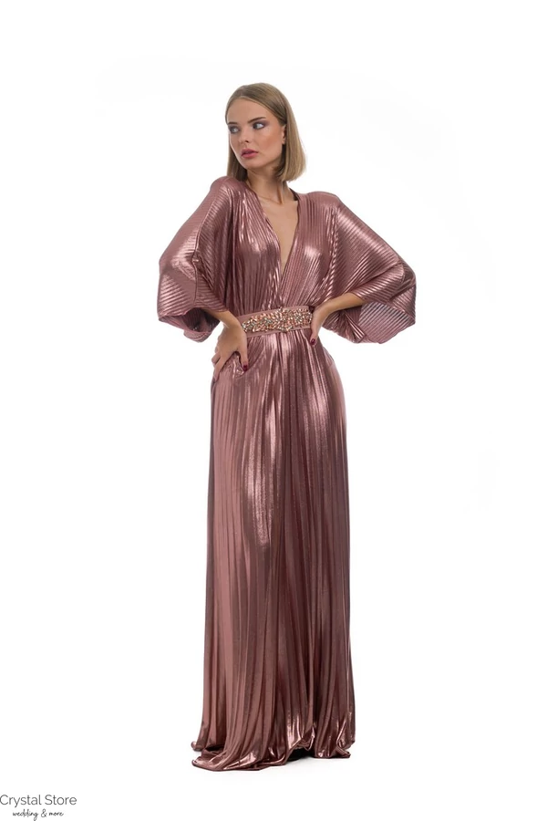 Pliszírozott, denevérujjas maxiruha, rosegold