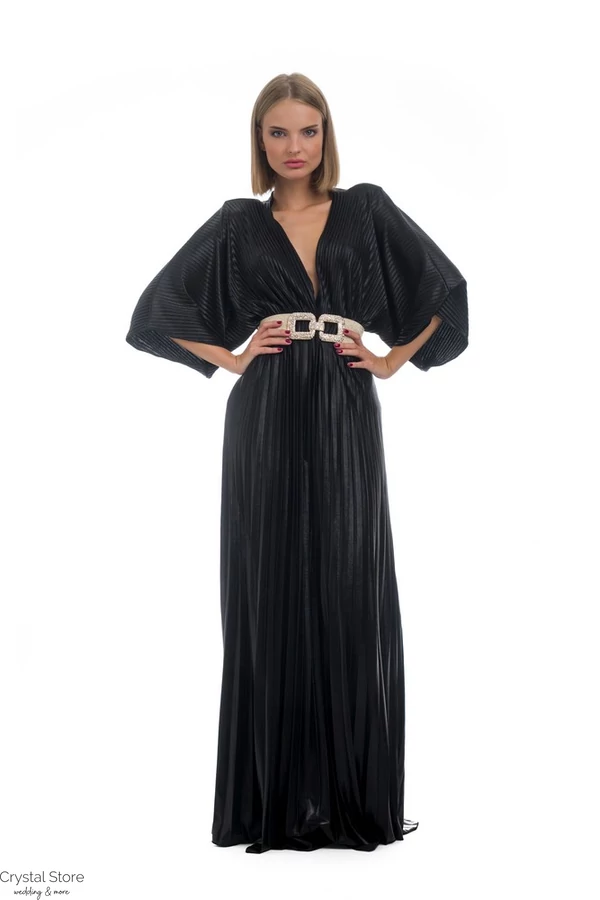 Pliszírozott, denevérujjas maxiruha, fekete