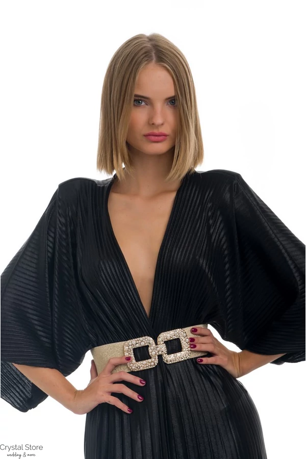 Pliszírozott, denevérujjas maxiruha, fekete